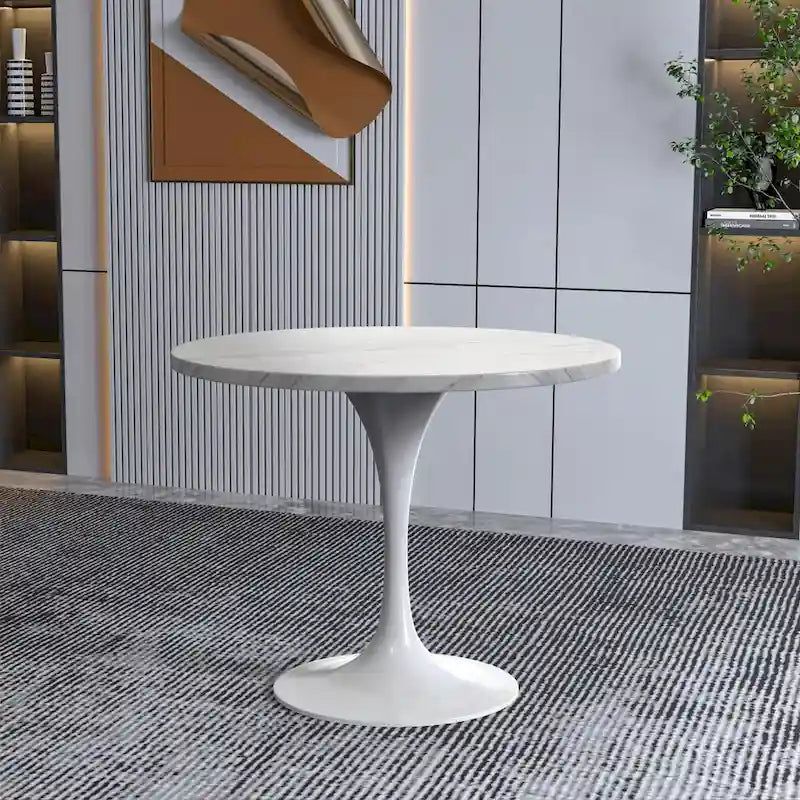 Table de salle à manger avec plateau rond sur pied central en acier blanc