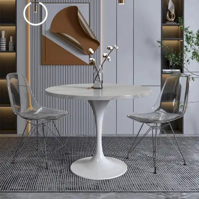 Table de salle à manger avec plateau rond sur pied central en acier blanc
