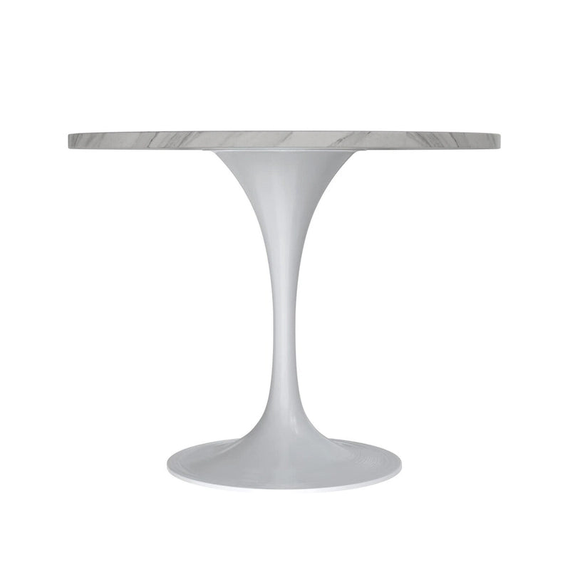 Table de salle à manger avec plateau rond sur pied central en acier blanc